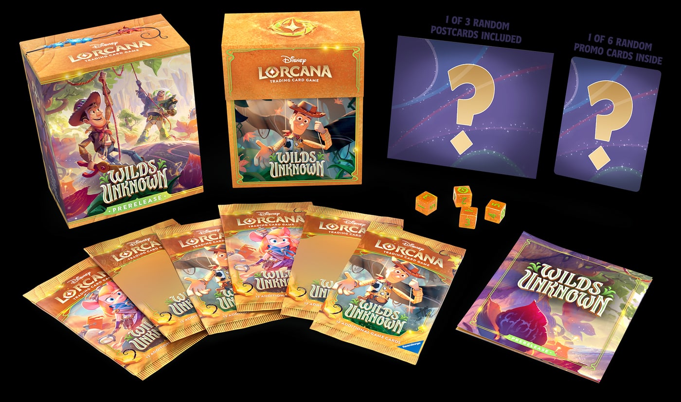 Wilds Unknown prerelease box contents, 6 boosters, foil Traveler promo, postcard, 4 lore counter dice, and a cardboard deck box